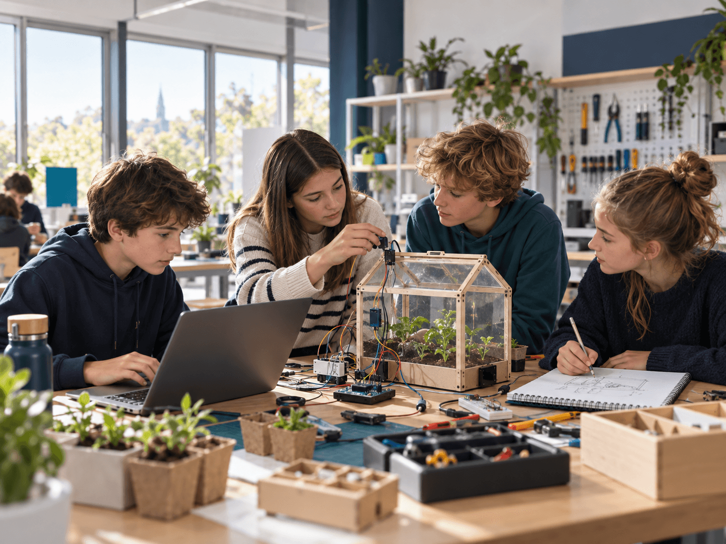 Des pré-adolescents testent une serre connectée et des composants électroniques.