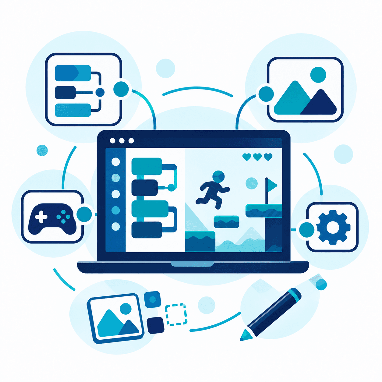 Illustration de création de jeu et de programmation visuelle.
