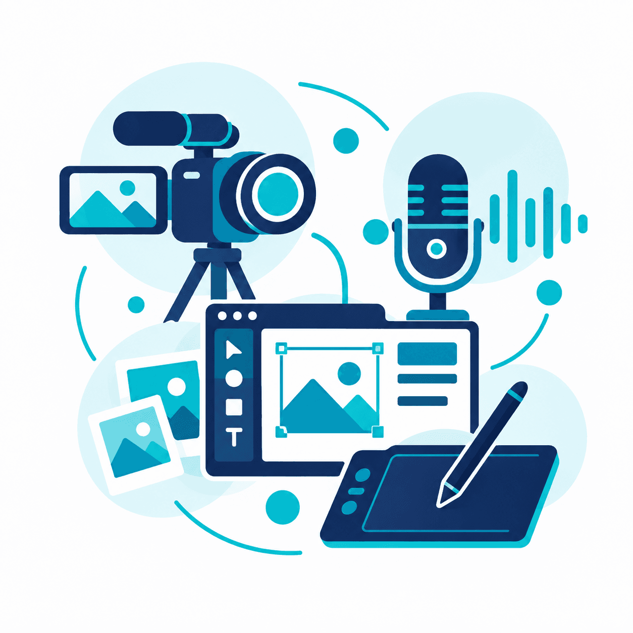 Illustration de caméra, microphone, création graphique et tablette de dessin.
