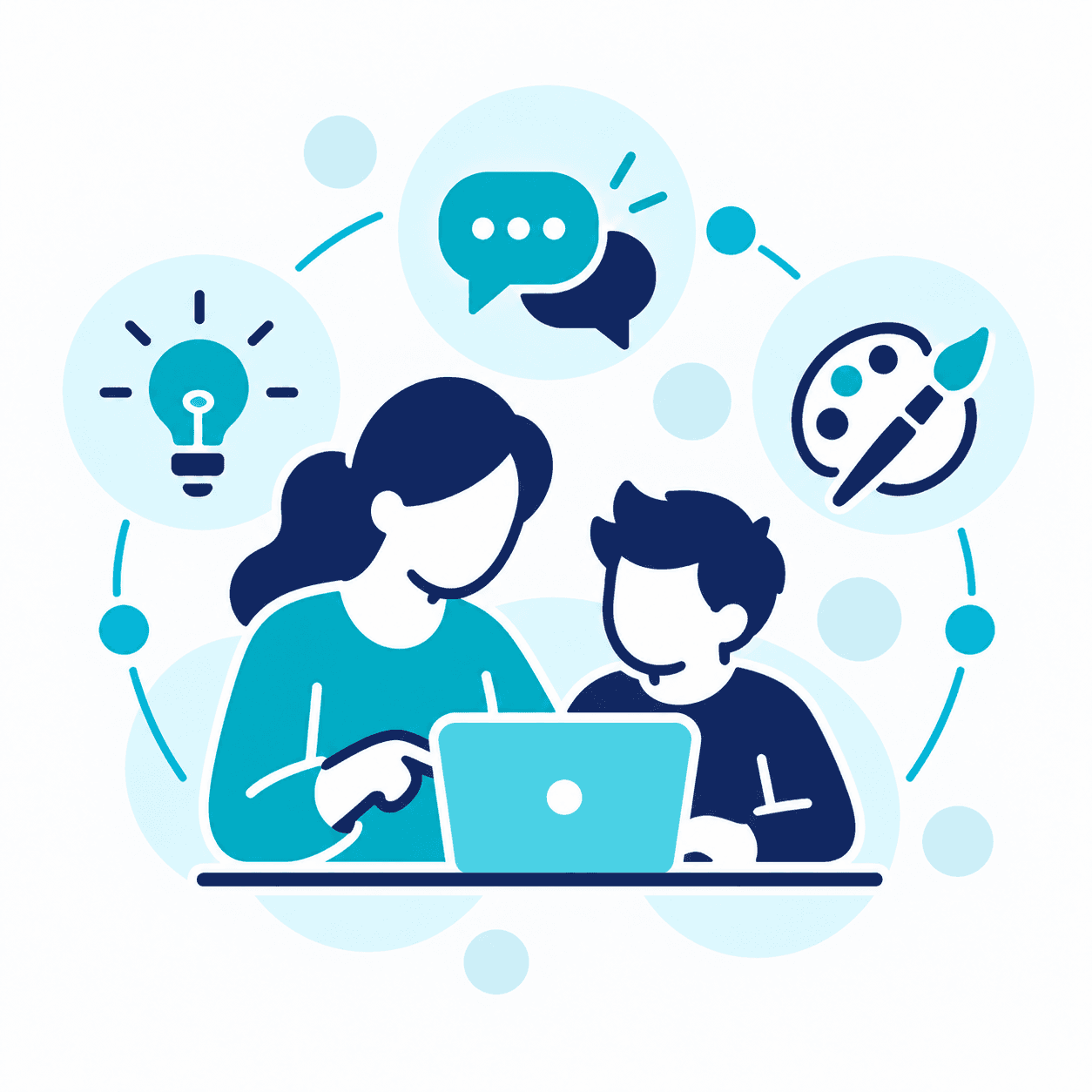 Illustration d'un parent et d'un enfant échangeant autour d'un ordinateur.